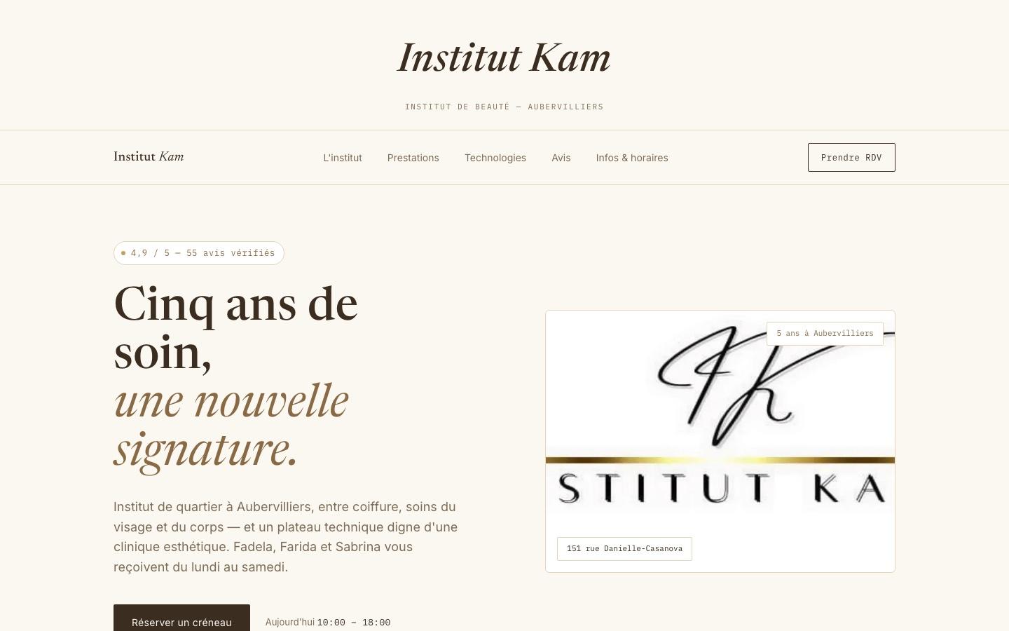 Aperçu de la page d'accueil du site Institut Kam